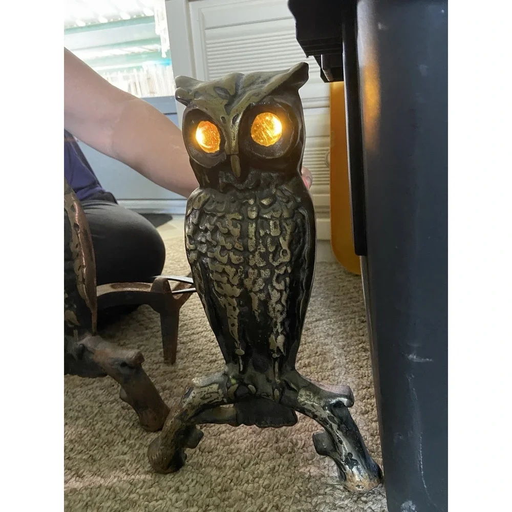 Antique Vintage Brass Owl Andirons Fireplace Amber Glass Eyes‎ 13